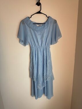 Light Blue Lace Overlay Midi Dress